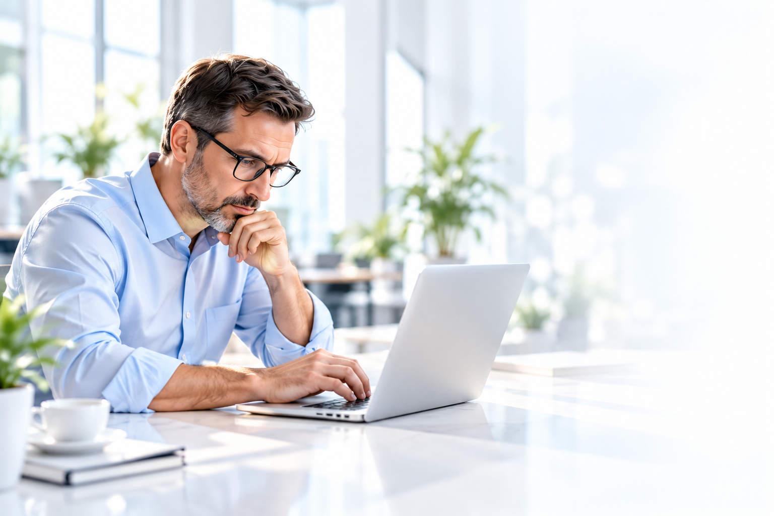 KI-generierte illustrative Arbeitssituation: Ein Mann mit Brille prüft konzentriert Inhalte an einem Laptop.