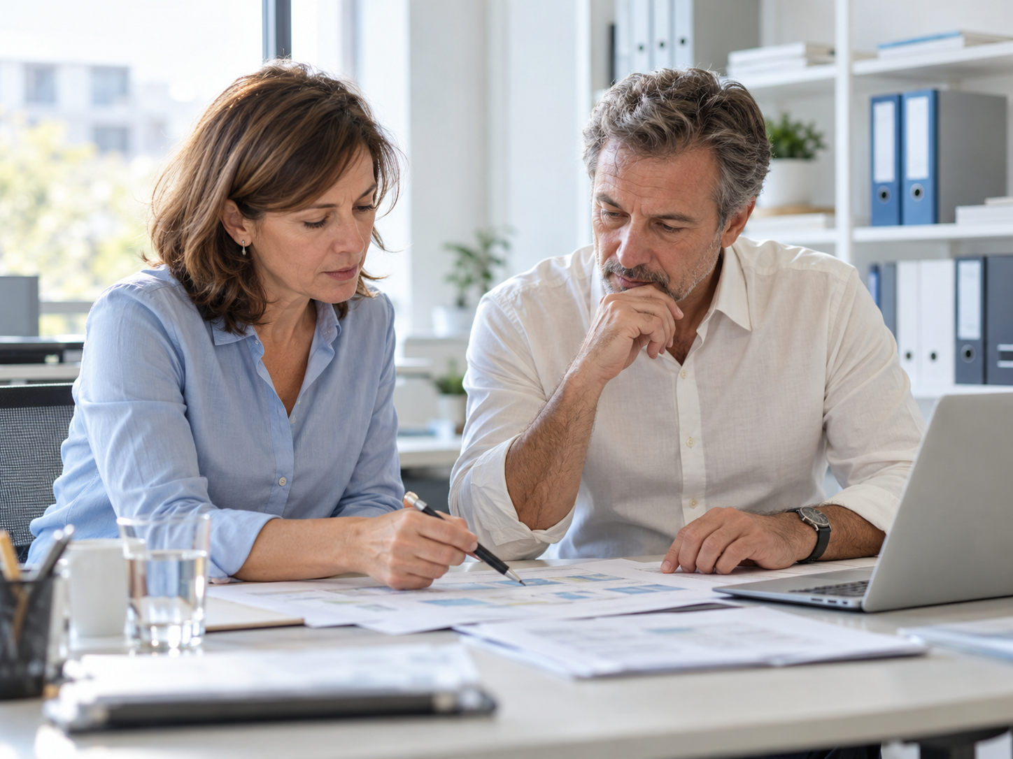 Zwei Personen besprechen gemeinsam einen Arbeitsprozess am Schreibtisch.