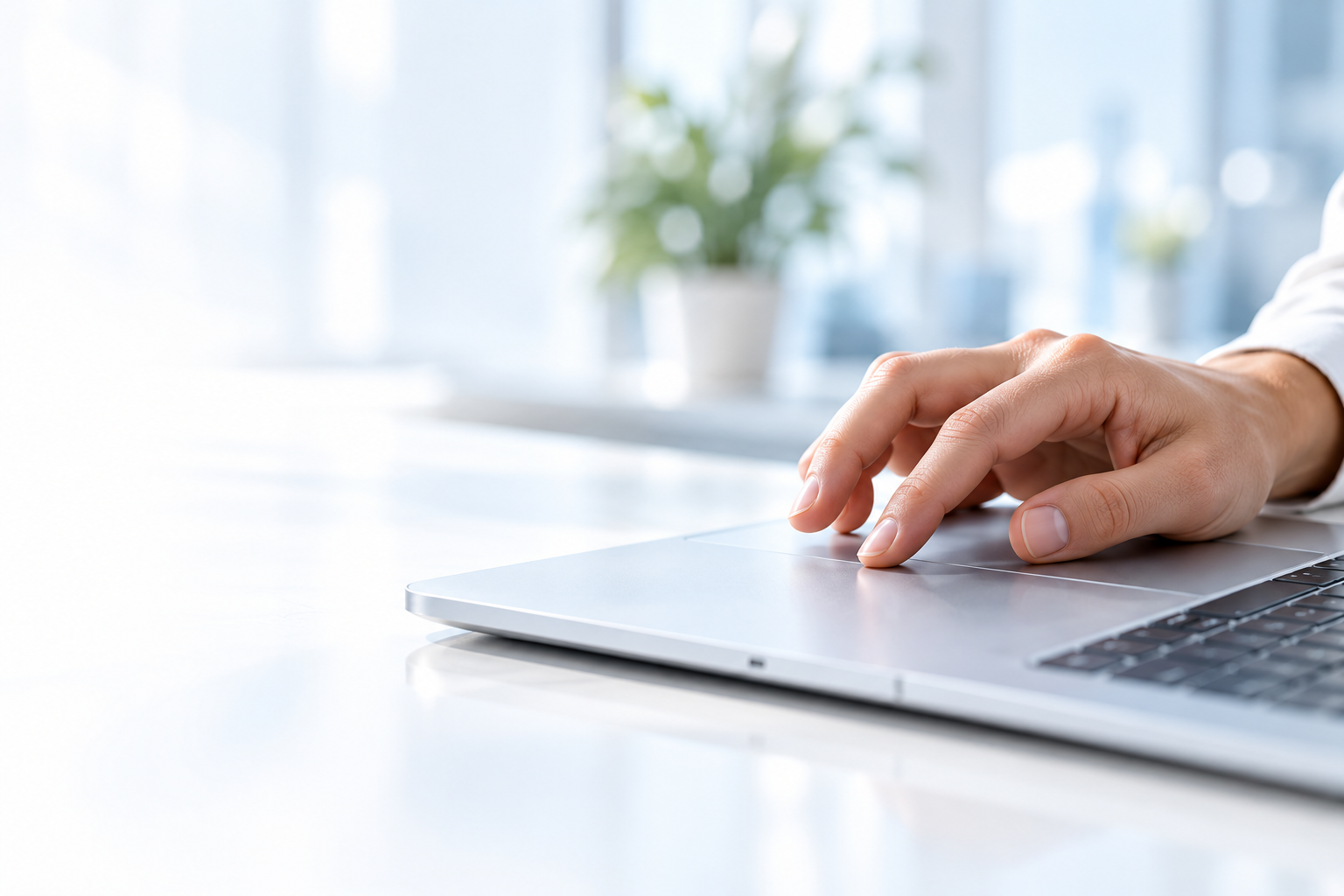 Illustratives Motiv: Eine Hand hält über dem Touchpad eines silbernen Laptops inne.