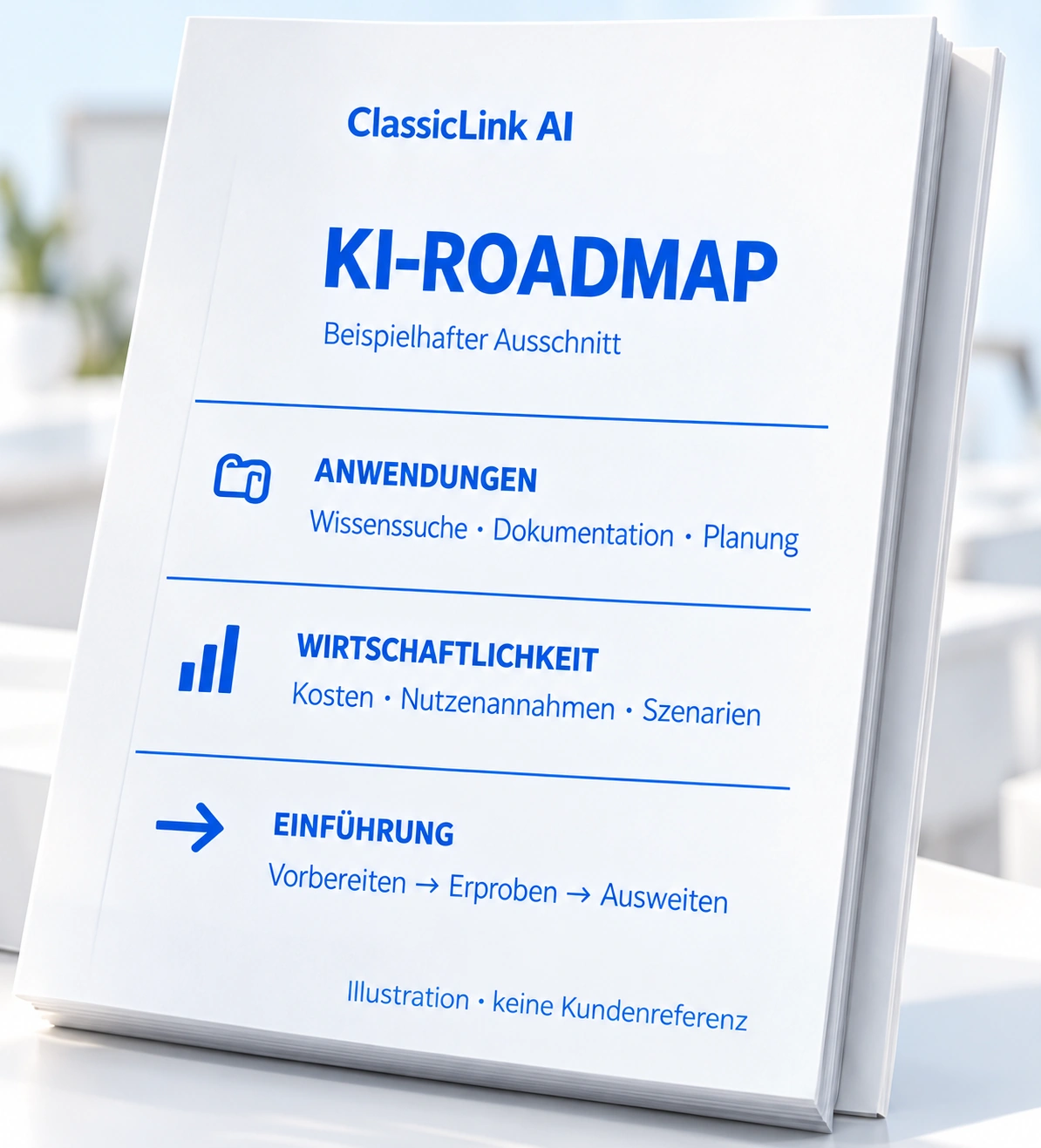 Illustrativer Beispielausschnitt einer ClassicLink AI KI-Roadmap mit den Bereichen Anwendungen, Wirtschaftlichkeit und Einführung.