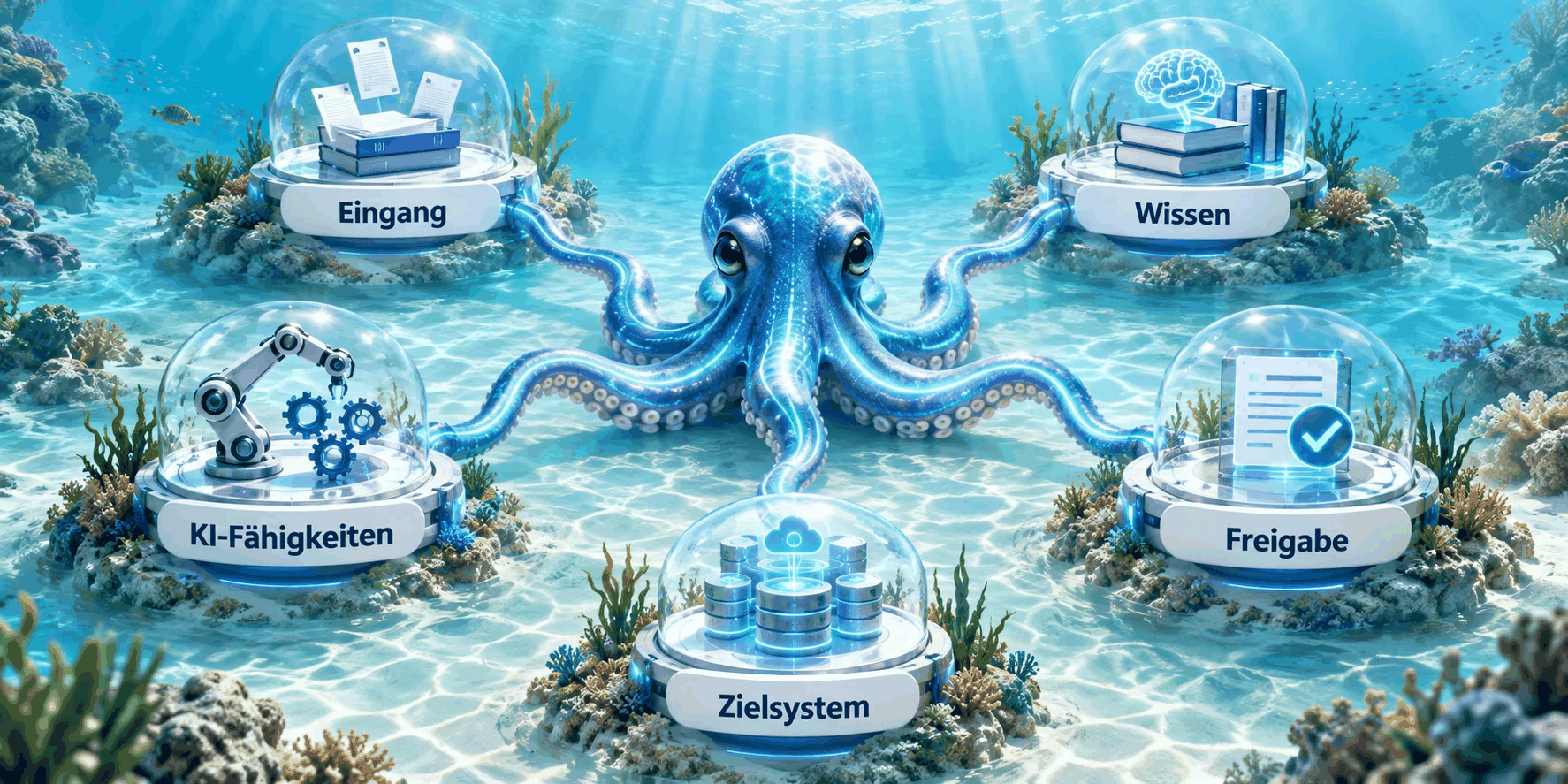 Octopus AIOS in Bewegung – verbunden mit Eingang, Wissen, KI-Fähigkeiten, Freigabe und Zielsystem